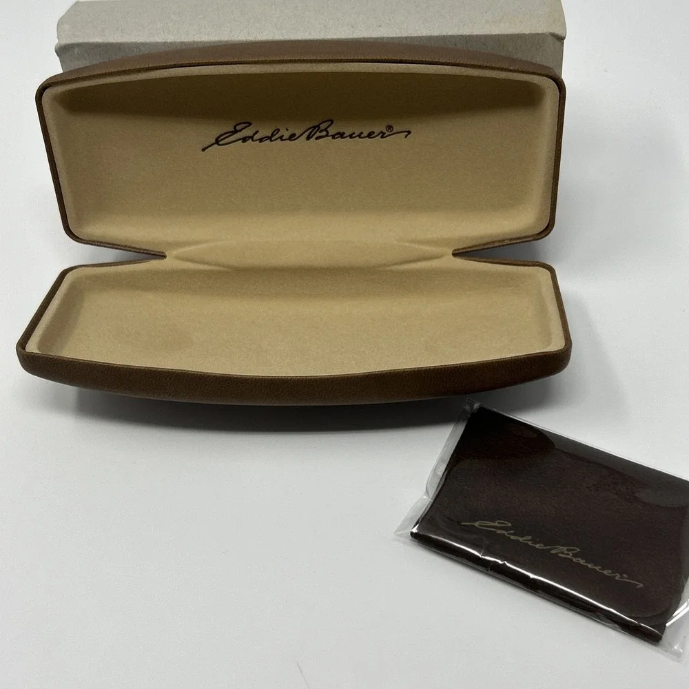 NEW Eddie Bauer Faux Brown Leather Clamshell Hard Case w/ Cleaning Cloth